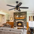 Hounberi 52 Inch Farmhouse Ceiling Fan with Light and Remote Control | 5 Dual Finish Blades, 6 Speeds, Quiet, Reversible DC Motor, Black Industrial Caged Ceiling Fan for Bedroom, Living Room