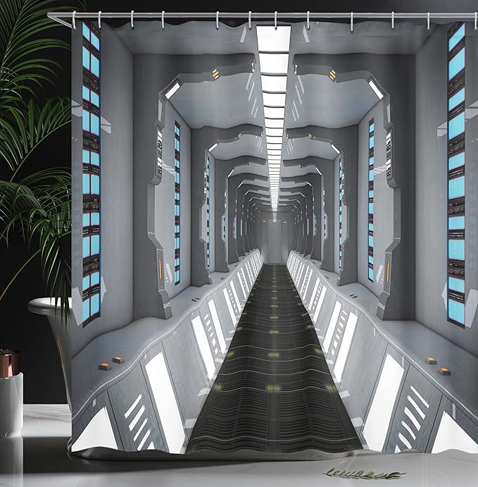 Ambesonne Futuristic Shower Curtain, Futuristic SciFi Corridor Space Ship Station Science Fiction Laboratory Picture Print, Cloth Fabric Bathroom Decor Set with Hooks, 69" W x 75" L, Grey