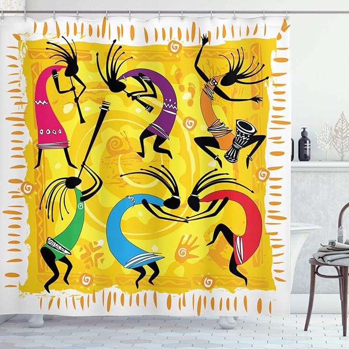 Lunarable EthnicShower Curtain, Dancing Playing Musical Instrumentss on Tribal Patterns Artwork, Cloth Fabric Bathroom Decor Set with Hooks, 69" W x 70" L, Purple Yellow