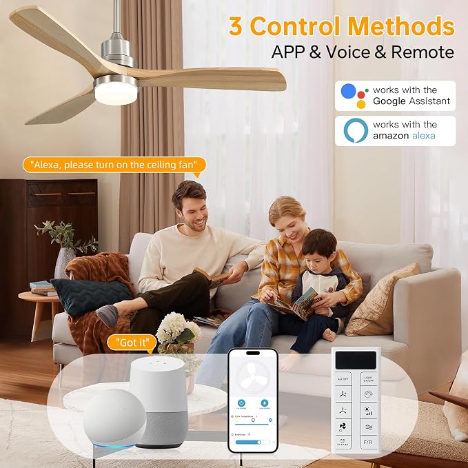 Sofucor Smart Ceiling Fan, 52" Low Profile Ceiling Fans with Lights and Remote, Compatible with Alexa/Google/App, 3-Color Light 6-Speed DC Motor Reversible Timer for Bedroom Living Room Patio Outdoor