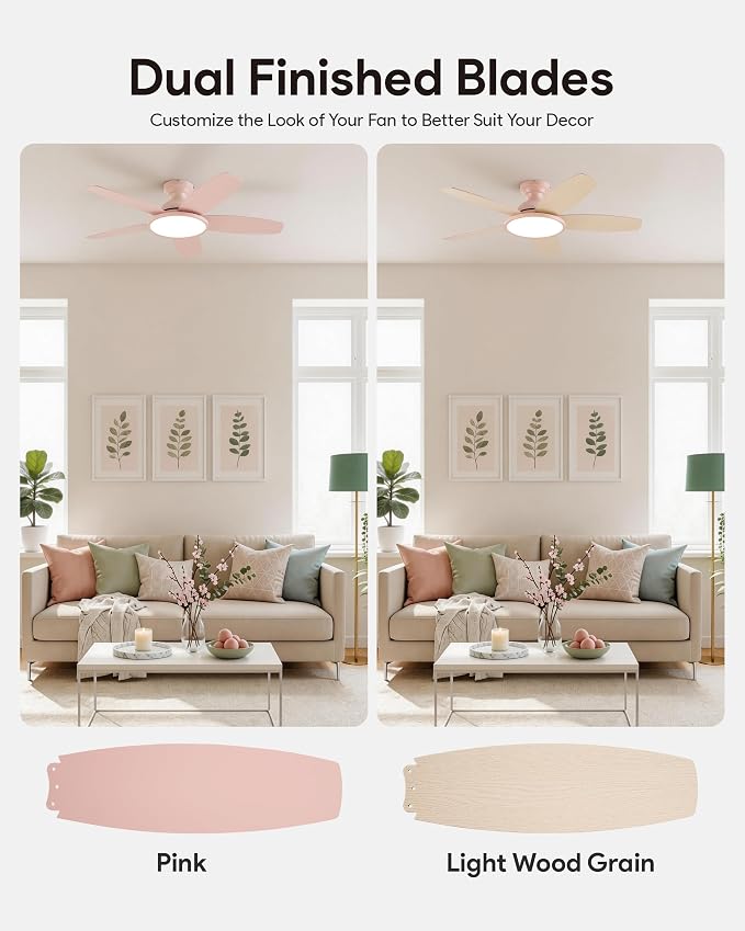 VONLUCE Ceiling Fans with Lights, 42 Inch Ceiling Fan and Remote, Full-Spectrum LED Light, 3CCT, 6-Speeds Noiseless Reversible DC Motor, Modern Ceiling Fan for Bedroom Living Room Farmhouse, Pink