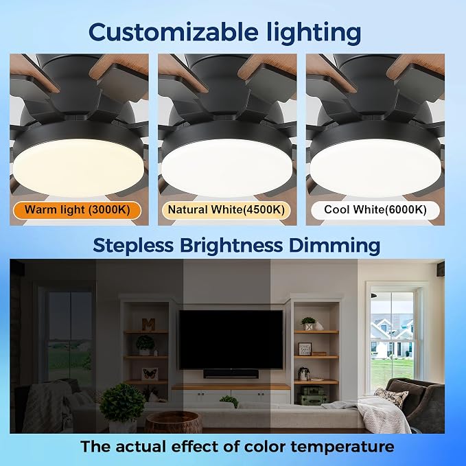 JSAITEE 52Inch Ceiling Fan with Lights, Flush Mount Low Profile, Brown | Ceiling Fans,DC Reversible Motor Noiseless, 3CCT Dimmable, Dual Finish, 6 Speeds Ceiling Fan for Indoor/Outdoor