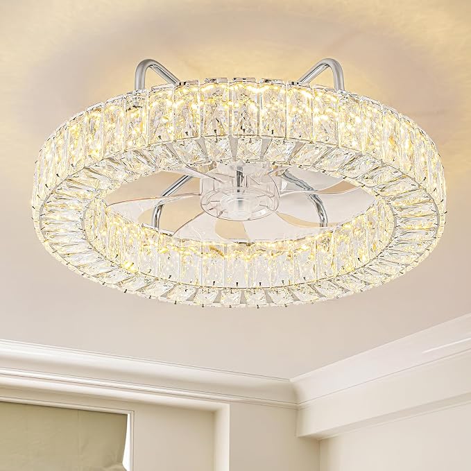 Fandelier Flush Mount Ceiling Fan with Lights and Remote Dimmable Crystal Ceiling Fan Chandelier 6 Wind Speeds 3 Color Bedroom Kids Room Living Room