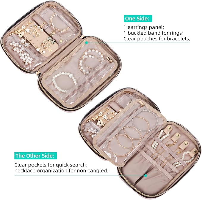 NISHEL Travel Jewelry Case Organizer, Tangle-Free Necklace Storage Bag | Stores rings, earrings, bracelets and watches in a compact case for travel, vacations and daily use, Pink, Medium