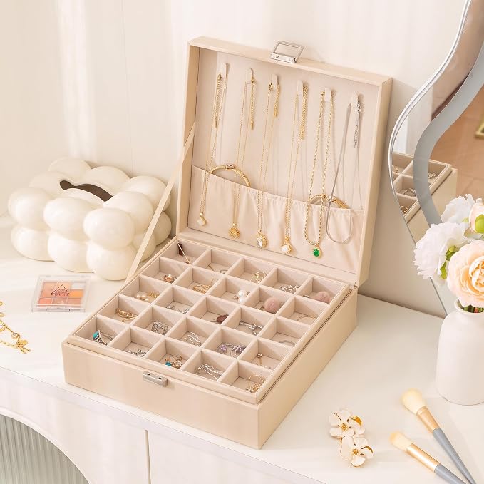 Frebeauty 50 Grid Earring Holder Organizer,2 Layer Jewelry Box for Women | Faux Leather,Velvet Lining,Adjustable Divider,Jewelry Organizer for Ring Necklace and Bracelet,for Home Use and Jewelry Store