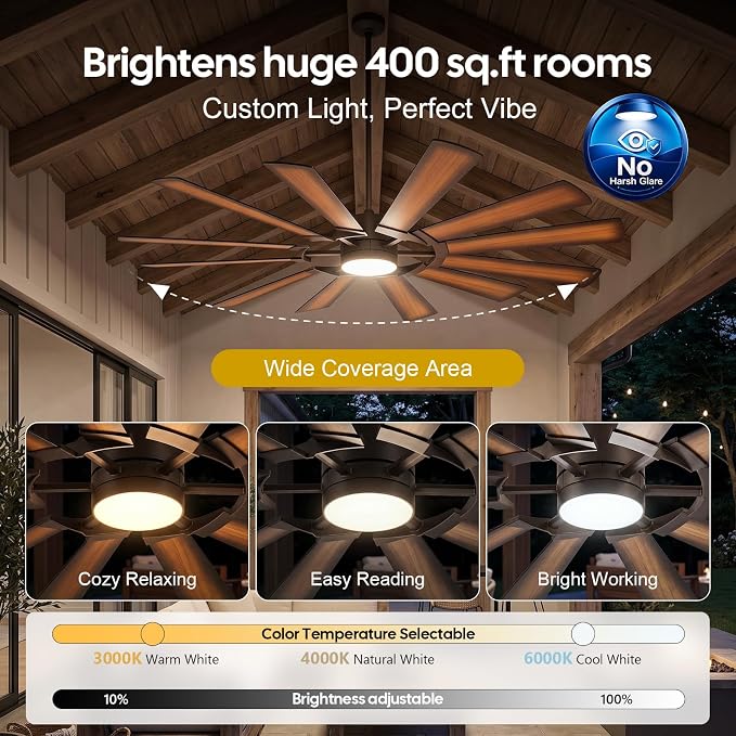 62 Inch Outdoor Windmill Ceiling Fan with Light for Patios, ETL Rustic Farmhouse, Large Airflow High 8095 CFM, 3 Downrod, Quiet Reversible DC Motor for Living Room Bedroom Garage Dual Finish 12 Blades