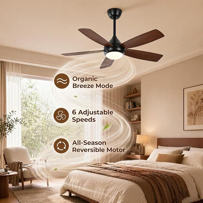 Ceiling Fans with Lights and Remote Control, 42 Inch Ceiling Fan with Light for Bedroom Living Room and Patio, Quiet 6 Speeds DC Reversible, Dimmable, Noiseless, Low Profile Ceiling Fans