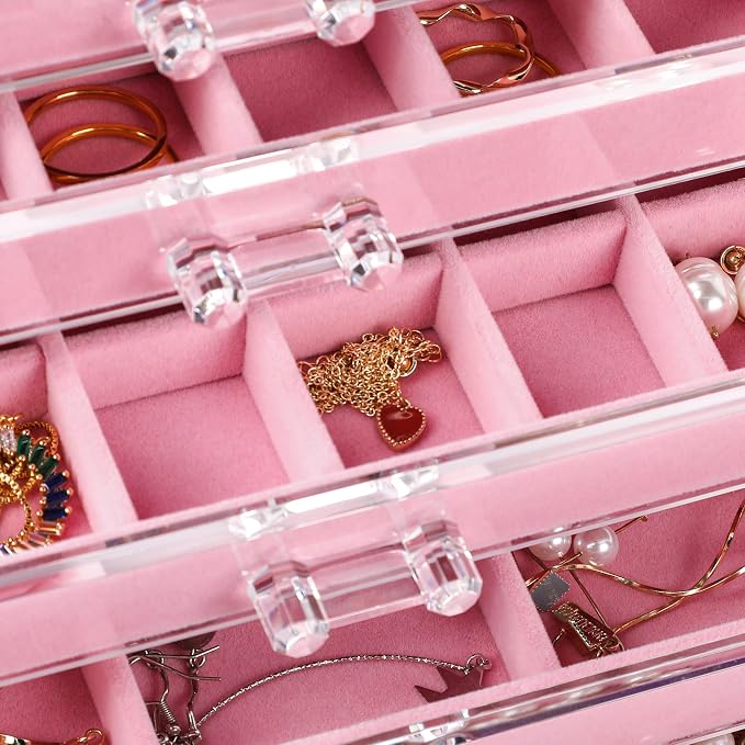 Frebeauty Acrylic Jewelry Organizer Earring Organizer Box with 5 Drawers Earring Holder Organizer with Velvet Trays Clear Jewelry Box for Women Earring Display for Rings StudsPink | 61 Jewelry Storage Grid for Rings Studs Bracelet,Velvet Lining,Transpa...