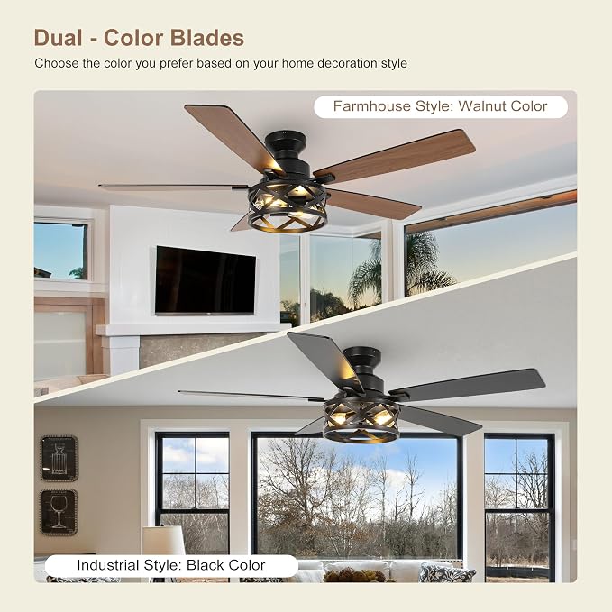 Qcyuui 52 Inch Farmhouse Ceiling Fan with Light and Remote Black Industrial Caged Flush Mount Ceiling Fan with Dual Finish 5 Blades 6 Speed Reversible Motor Rustic Ceiling Fan for Living room