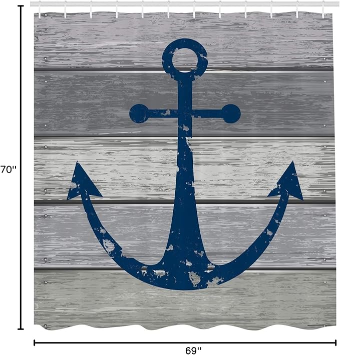 Ambesonne Anchor Shower Curtain, Rustic Nautical Maritime Sail Colored Symbol on Grunge Wooden Planks, Cloth Fabric Hotel Style Master Bathroom Decor Set with Hooks for Home, 69" W x 70" L, Night Blue