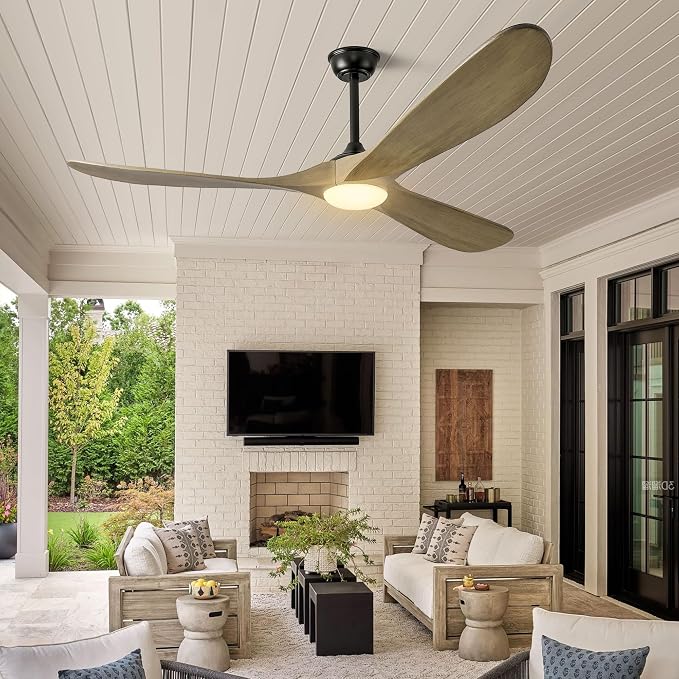 Haipeel 60 Inch Ceiling Fans with Lights, Propeller Solid Wood Ceiling Fans with Light and Remote Control for Outdoor Ceiling Fan with Light for Patio Farmhouse, DC ETL Listed, Bronze Gray