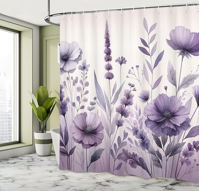 Ambesonne Purple Shower Curtain, Picturesque Pastel Tones Pansy Flowers Garden Cold Morning in a Meadow, Cloth Fabric Bathroom Decor Set with Hooks, 69" W x 84" L, Lilac Pale Grey Blush