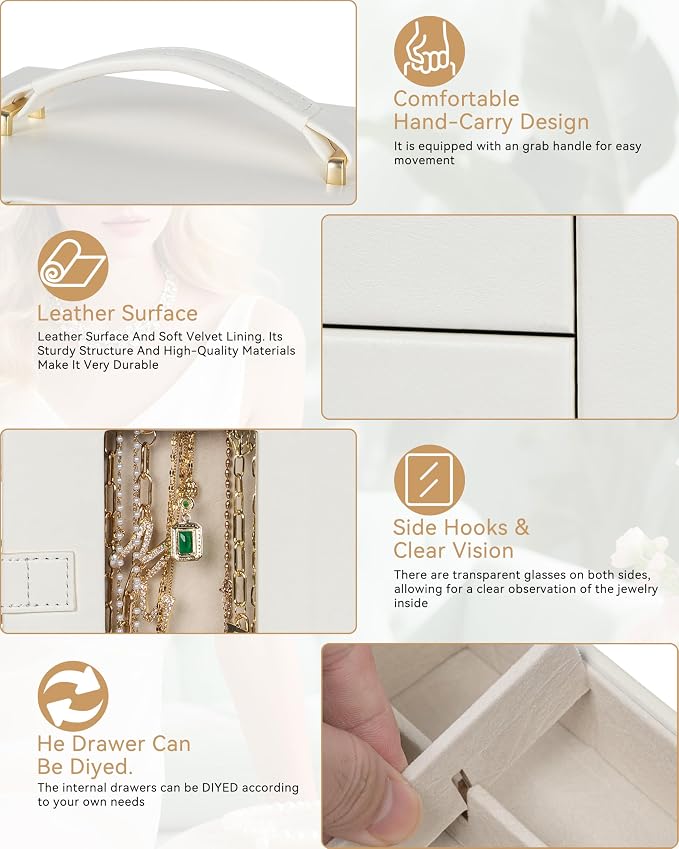AKOZLIN 6-Tier Jewelry Box Organizer Functional 5 Drawers Leather Jewelry Storage Case for Women Girls Ring Necklace Earring Bracelet Holder Organizer with Mirror White 360° Rotating