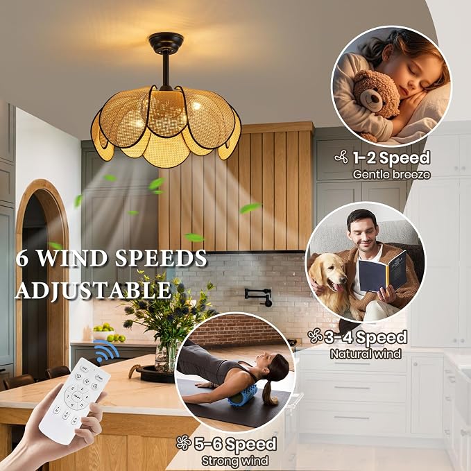 Rattan Fandelier Ceiling Fans with Lights,Boho Black Chandelier Ceiling Fan with Light Remote Flush Mount Chandelier Ceiling Fan with 6 Speeds Fandelier for Bedroom Living Room Kitchen 26inch
