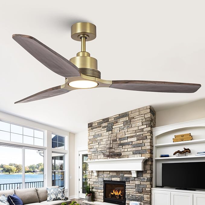 56 Inch Solid Wood Ceiling Fans with Lights and Remote, Modern Sleek Luxury Gold Ceiling Fan, 3CCT, 6-Speeds DC Motor for Indoor Living Room/Bedroom/Farmhouse/Gazebo Spaces, Wutong Wood