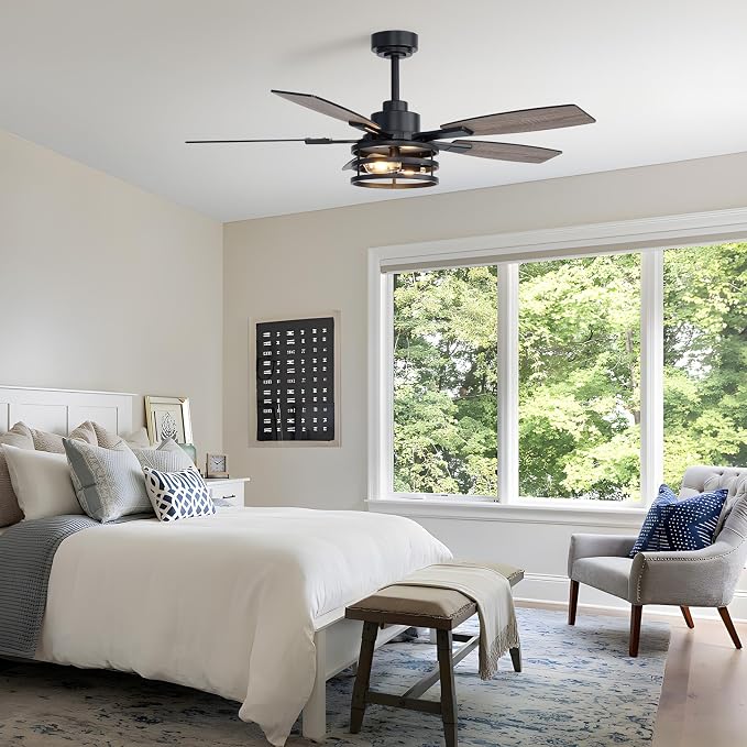 52 Inch Ceiling Fans with Lights and Remote Control, Farmhouse Ceiling Fan for Bedroom Living Room and Patio, Black Caged Ceiling Fan for Indoor and Outdoor