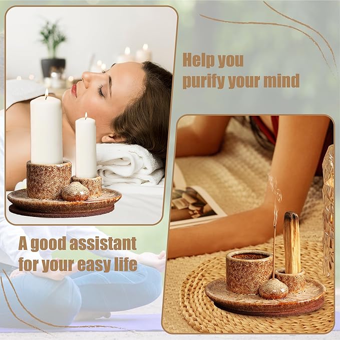 4 in 1 Ceramic Incense Burner, Sage Holder for Burning Bowl, Palo Santo Holder, Incense Holder for Sticks, Smudge Stick Holder(Brown)