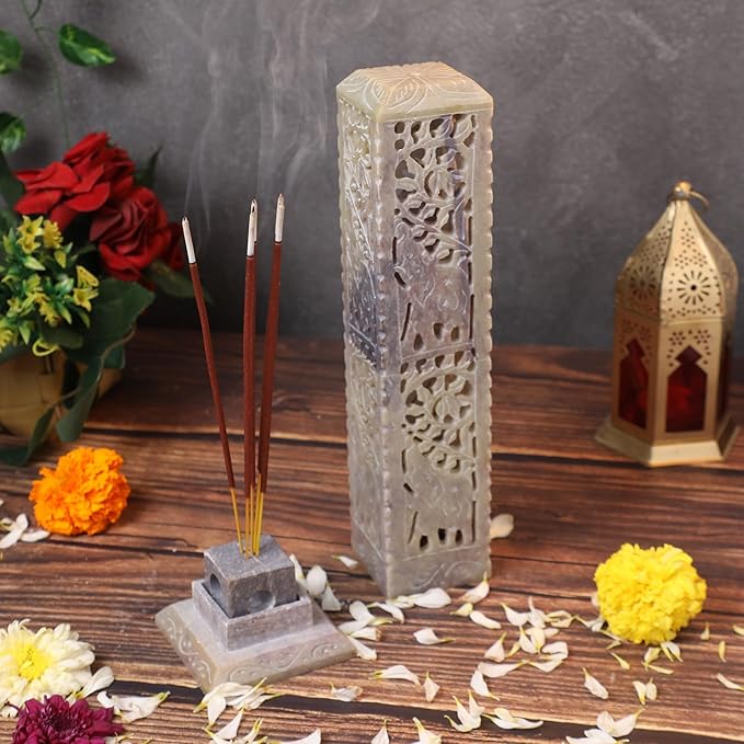 Handmade Stone Incense Stick Holder | Unique King Size Long Tower Burner | Camphore - Tealight - Dhoop Batti - Candles Holder for Yoga, Meditation and Home Decor. (Elephant)