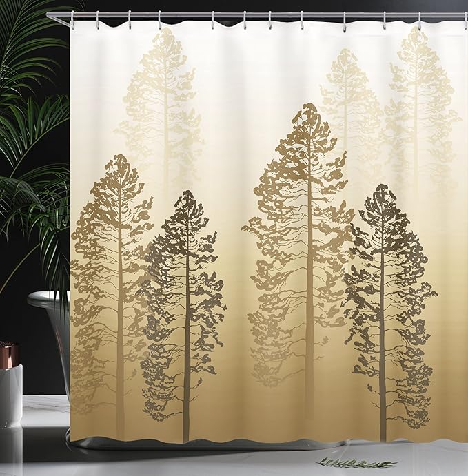 Ambesonne Country Shower Curtain, Pine Trees in The Forest on Foggy Seem Ombre Backdrop Wildlife Adventure Artwork, Cloth Fabric Bathroom Decor Set with Hooks, 69" W x 70" L, Brown Sand