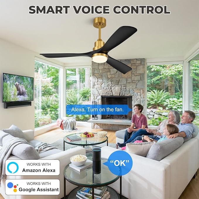 60 inch Smart Ceiling Fan with Lights,Outdoor Ceiling Fan 3 Wood Blades Compatible with Alexa/Gg Voice Control&App&Remote,Quiet DC Motor for Covered Patio Porch Bedroom,Black and Gold