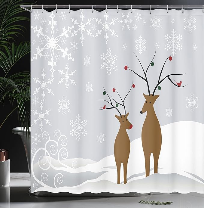 Ambesonne Christmas Shower Curtain, Reindeers at Noel Time Yule with Snowflakes in Winter Santa Print, Cloth Fabric Bathroom Decor Set with Hooks, 69" W x 75" L, Brown Pale Grey White