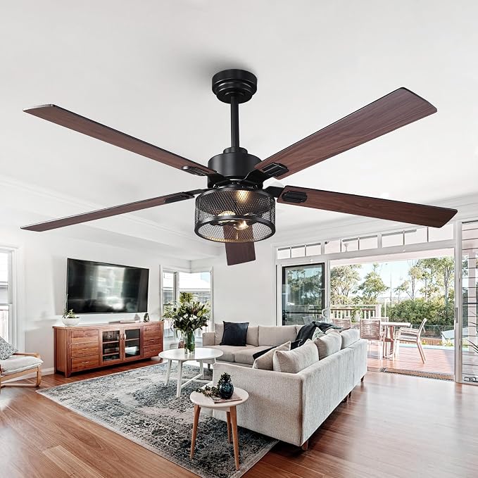 60 Inch Farmhouse Ceiling Fans with Lights, Rustic Ceiling Fan with Remote and APP Control, 5 Dual Finish Blades, 6-Speed Quiet Reversible DC Motor with Timer for Kitchen Living Room Patio