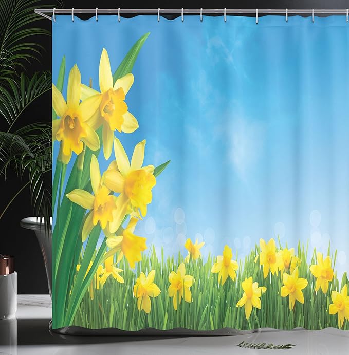 Ambesonne Daffodils Shower Curtain, Spring Narcissus Flowers in Grass Sunny Clear Sky Summer Floral Image, Cloth Fabric Bathroom Decor Set with Hooks, 69" W x 70" L, Green Yellow