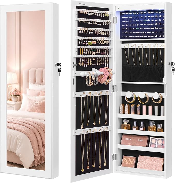 SONGMICS Jewelry Cabinet, Wall or Door Mounted Armoire with Full Length Mirror, Large Capacity Organizer, 6 LED Lights, 42.5 x 3.9 x 14.6 inch, White, BERIT Collection UJJC092W101