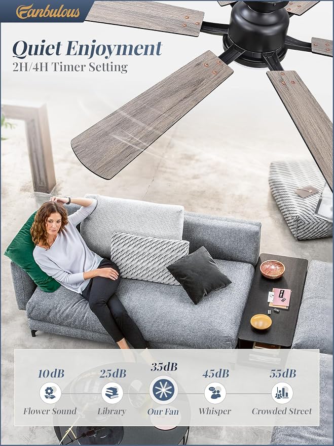 Fanbulous 52 Inch Ceiling Fan with Lights, APP & Remote Control, Flush Mount Low Profile Black Ceiling Fan, 3000-6000K Dimmable LED, Quiet Reversible Motor, 6 Blades, 6 Speeds, for Bedroom Living Room