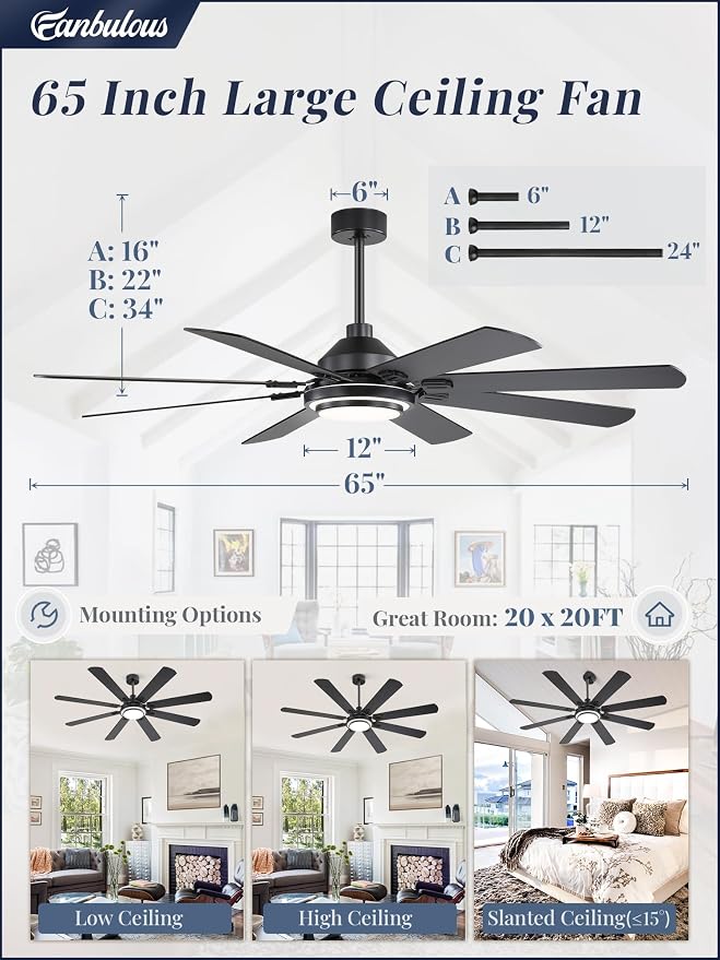 Fanbulous 65 Inch Ceiling Fans with Lights and Remote, Black Ceiling Fan with 8 Dual-Color Blades, Indoor/Outdoor Large Ceiling Fans, Reversible DC Motor, 6-Speed, 3CCT for Living Room Kitchen Patio