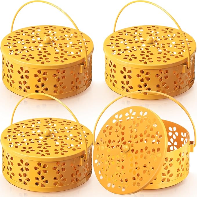 Lallisa 4 Pieces Mosquito Coil Holder Incense Coil Holder Retro Portable Metal Hanging Incense Burner with Handle Round for Home Camping Indoor Outdoor Patio(Yellow)