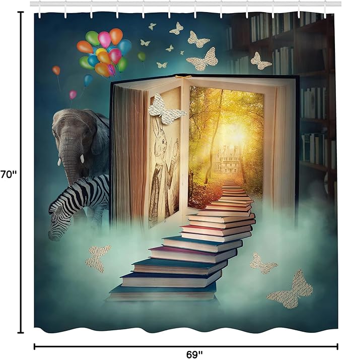 Ambesonne Fantasy Shower Curtain, Upstairs to Magic Book Forest Balloon Zebra Animal Butterflies, Cloth Fabric Bathroom Decor Set with Hooks, 69" W x 70" L, Teal and Yellow