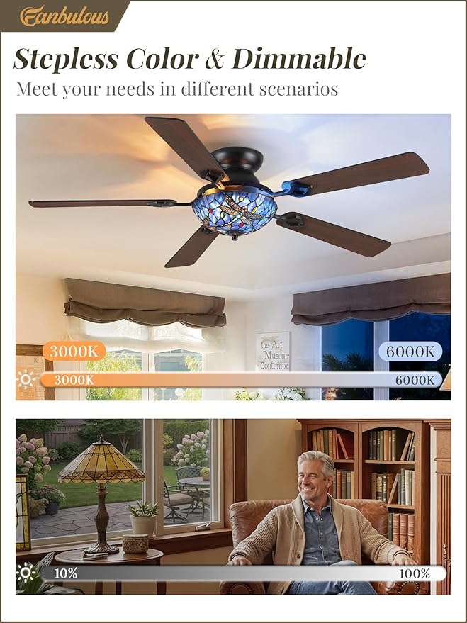 Fanbulous 52 Inch Stepless Dimmable LED Tiffany Dragonfly Ceiling Fan