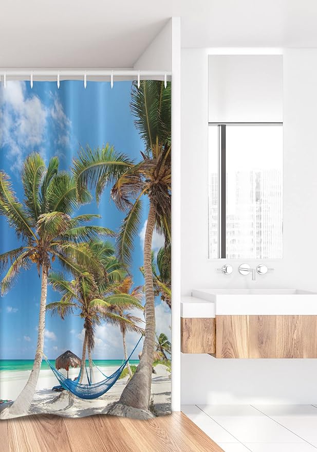 Ambesonne Beach Stall Shower Curtain, Hammock Palm Trees and Sand Sunny Beach Scenery Vacation Image, Fabric Bathroom Decor Set with Hooks, 36" W x 72" L, Coconut Green