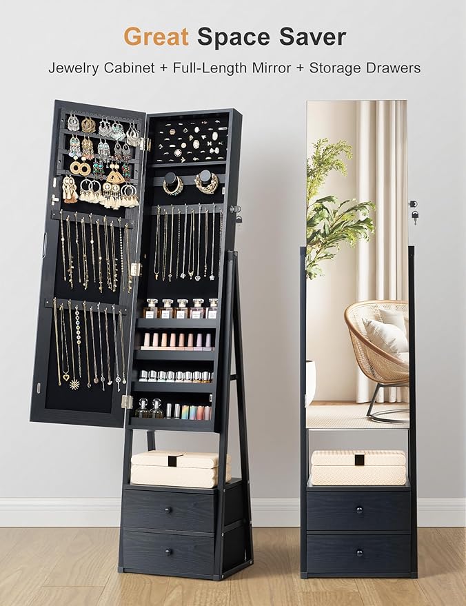 Nicetree Mirror Jewelry Cabinet Standing, Lockable Jewelry Cabinet Armoire with 2 Drawers, Full Length Mirror with Jewelry Storage, Gift Idea, Black