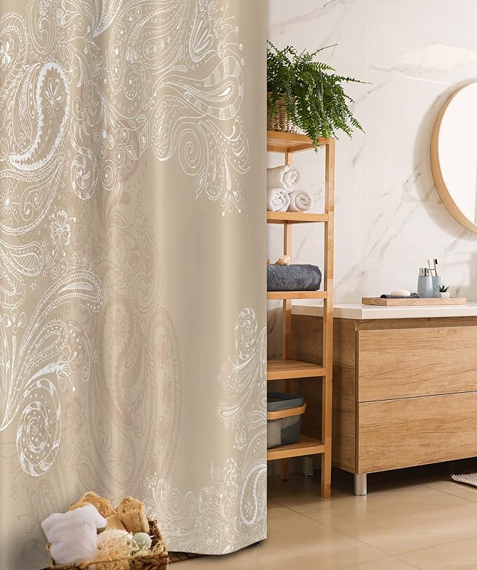 Ambesonne Beige Stall Shower Curtain, Hand Drawn Swirling Floral Motifs Antique Eastern Blossoms Indigenous Nostalgic Bohemian, Fabric Bathroom Decor Set with Hooks, 36" W x 72" L, Beige