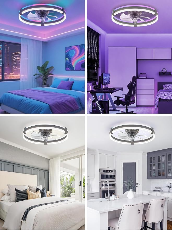 ZMISHIBO RGB Ceiling Fans with Lights and Remote, 20 inch Low Profile Ceiling Fan with Light, 3000K-6000K Dimmable & RGB, Modern Fandelier Flush Mount Ceiling Fan, Small LED Fan for Bedroom,Grey