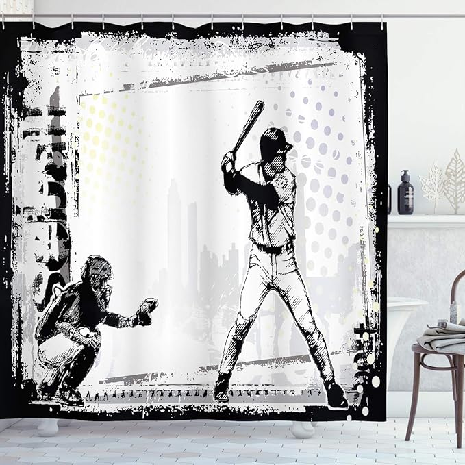 Ambesonne Sports Shower Curtain, Baseball Themed American Sport Team Rustic Design Silhouette Illustration Print, Cloth Fabric Bathroom Decor Set with Hooks, 69" W x 75" L, White Black