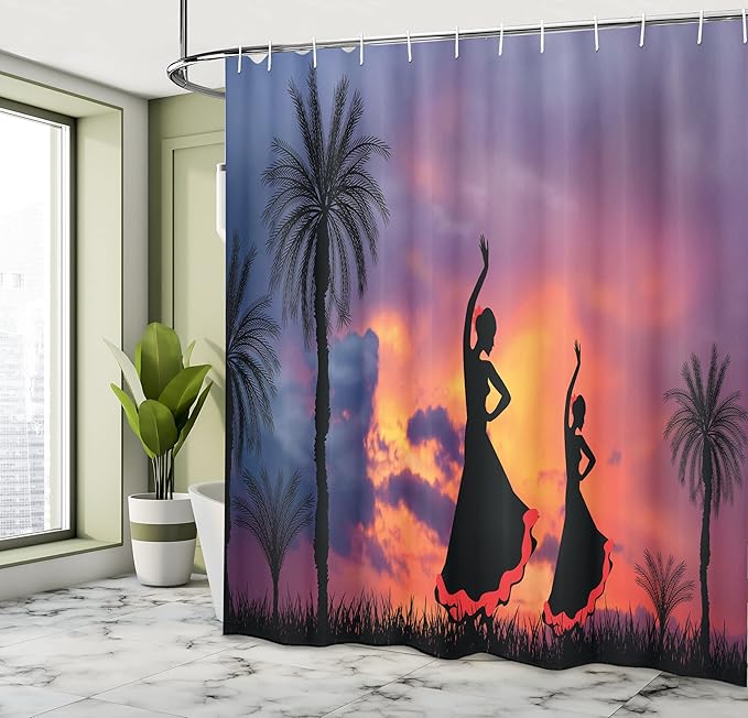 Ambesonne Spanish Shower Curtain, Silhouette of 2 Girls Dancing Flamenco with Dramatic Cloudy Sunset Sky Background, Cloth Fabric Bathroom Decor Set with Hooks, 69" W x 75" L, Salmon Pale Purple