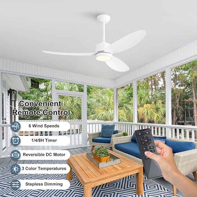 WINGBO 52" Outdoor Ceiling Fans with Lights, Wet Rated Waterproof Indoor Ceiling Fan with Remote, 3 ABS Blades Modern Ceiling Fan, 3CCT Quiet 6-Speed DC Motor, for Porch Patio Bathroom,White