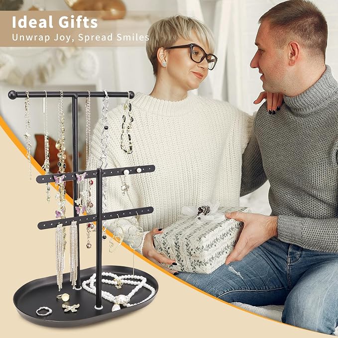 Saydear 3-Tier Jewelry Organizer Stand, Earring Holder Necklace Tree | Black Metal Earring Rails With Top Necklace Bar, Oval Tray Base, Ideal Vanity Dresser Decor, Gift For Her
