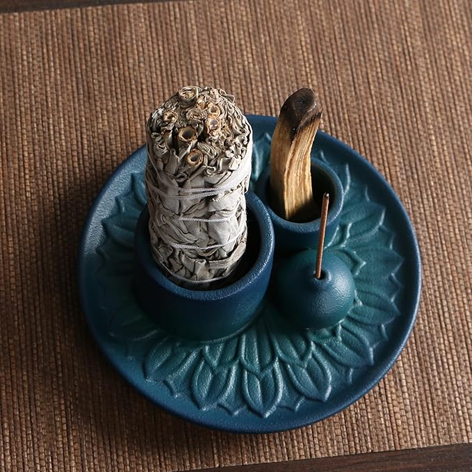 4 in 1 Ceramic Incense Burner, Sage Holder for Burning Bowl, Palo Santo Sticks Holder, Smudge Stick Ash Catcher Tray for Meditation Yoga Room (Blue)