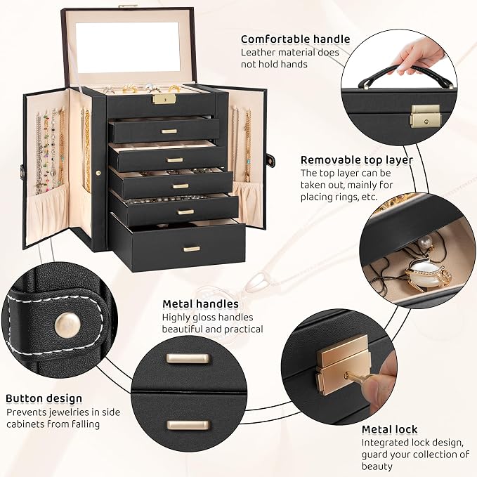 AKOZLIN Large 6-Tier Jewelry Box Lockable Leather Jewelry Storage Case with 5 Drawers for Women Girls Ring Necklace Earring Bracelet Holder Organizer with Mirror