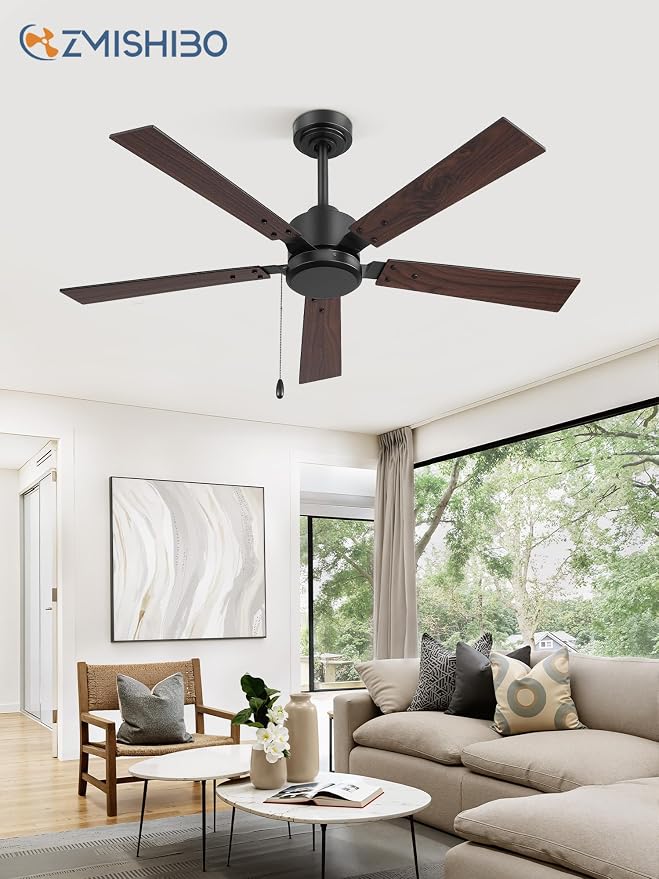 ZMISHIBO 52 Inch Ceiling Fan No Light with Pull Chain, Modern Ceiling Fan without Lights, 6-Speeds, Quiet DC Motor, Remote Control, Black Ceiling Fan for Bedroom, Living Room, Indoor/Outdoor Use