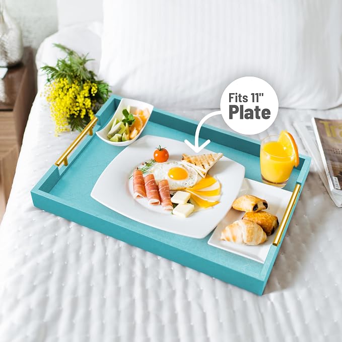 ATZYmolin 17"x12" Leather Serving Tray, Gold Handle Vanity Platter, Blue | Rectangle Ottoman Decor Tray, Polished Metal Handles, Coffee Table Bathroom Home Decorative Wood Tray