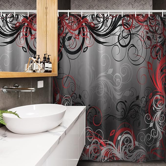 Ambesonne Abstract Stall Shower Curtain, Mystic Forest Floral Swirls Leaves Nature Fading Ombre Effect, Fabric Bathroom Decor Set with Hooks, 54" W x 78" L, Charcoal Ruby