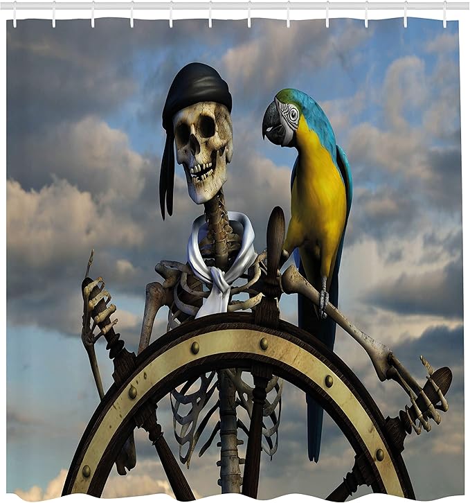 Ambesonne Pirate Shower Curtain, Skeleton Corsair Captain on Steering Wheel Exotic Macaw Parrot Bandit Cloudy Sky, Cloth Fabric Bathroom Decor Set with Hooks, 69" W x 70" L, Multicolor