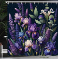 Ambesonne Lavender Shower Curtain, Fantasy Woodland Scenario of Blooming Iris Flowers with Leaves Bohemian, Cloth Fabric Bathroom Decor Set with Hooks, 69" W x 75" L, Violet Reseda Green