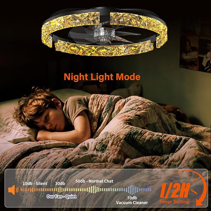 Ceiling Fans with Lights and Remote,20''Low Profile Ceiling Fan,3000-6000K Dimmable Modern Flush Mount LED Fan Light,6 Wind Speeds for Bedroom (Black, 20-inch Foldable Diamond)