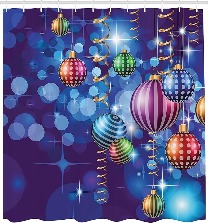 Ambesonne Christmas Shower Curtain, Happy New Year Party Celebrations Swirling Ornaments and Balls Print, Cloth Fabric Bathroom Decor Set with Hooks, 69" W x 70" L, Indigo